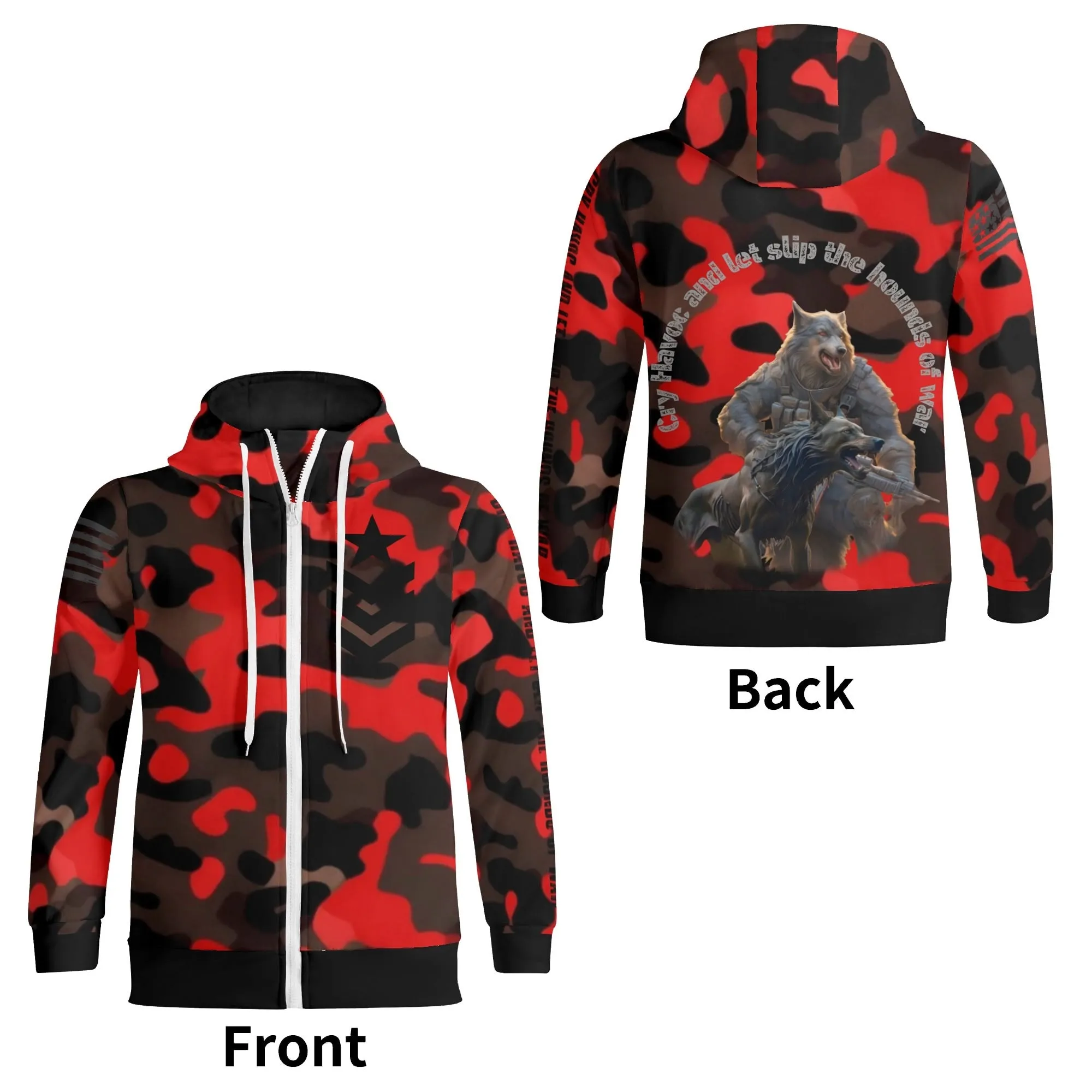 Camouflage Cry Havoc Graphic Full Zip Turtleneck Hoodie Streetwear