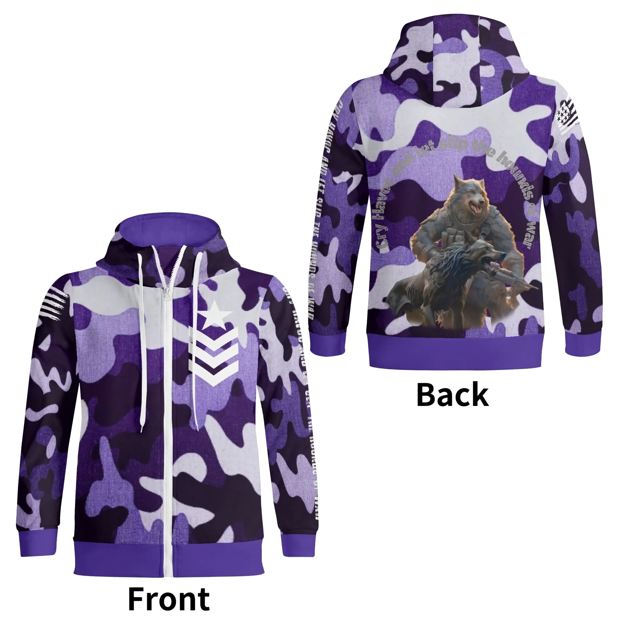 Camouflage Cry Havoc Graphic Full Zip Turtleneck Hoodie Streetwear