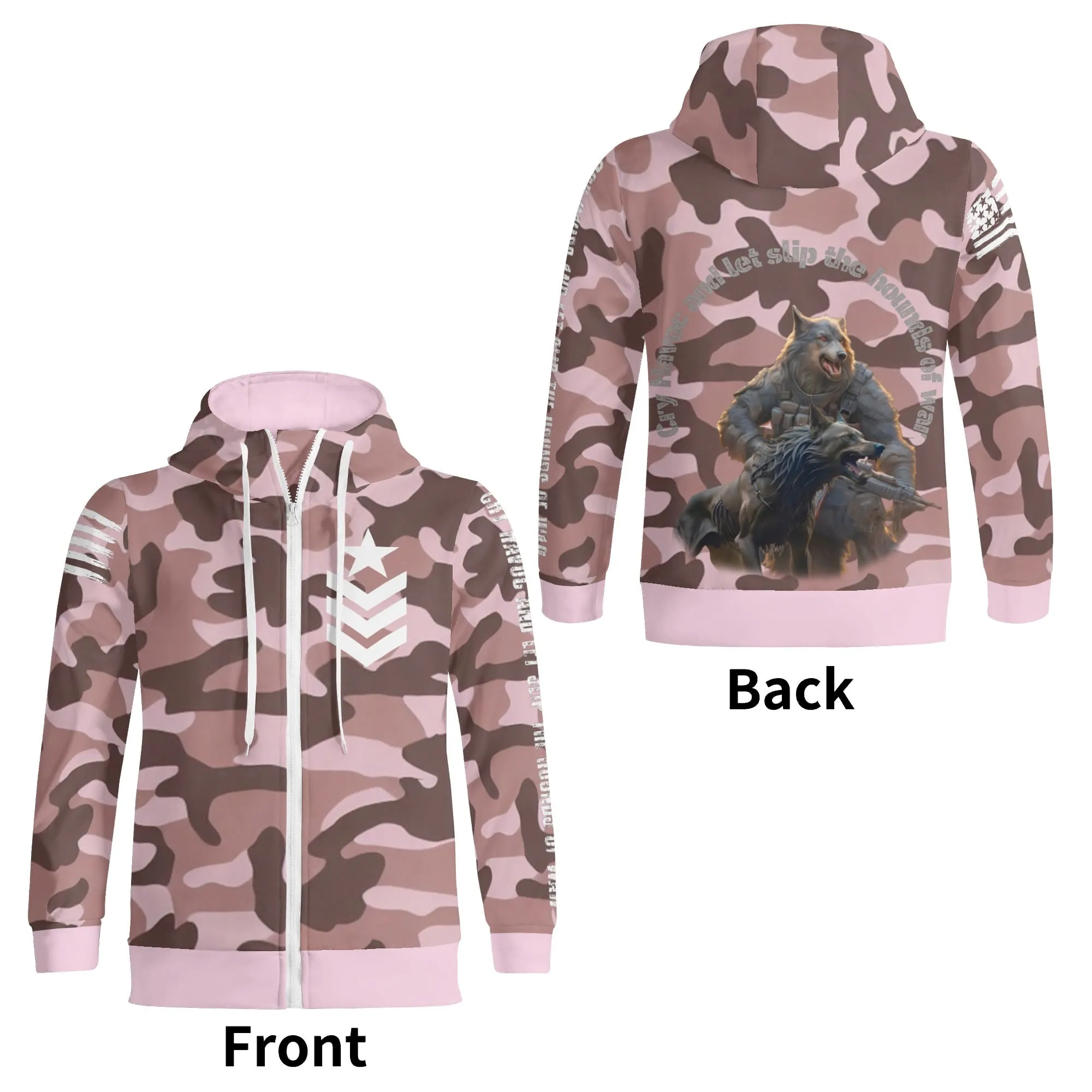 Camouflage Cry Havoc Graphic Full Zip Turtleneck Hoodie Streetwear