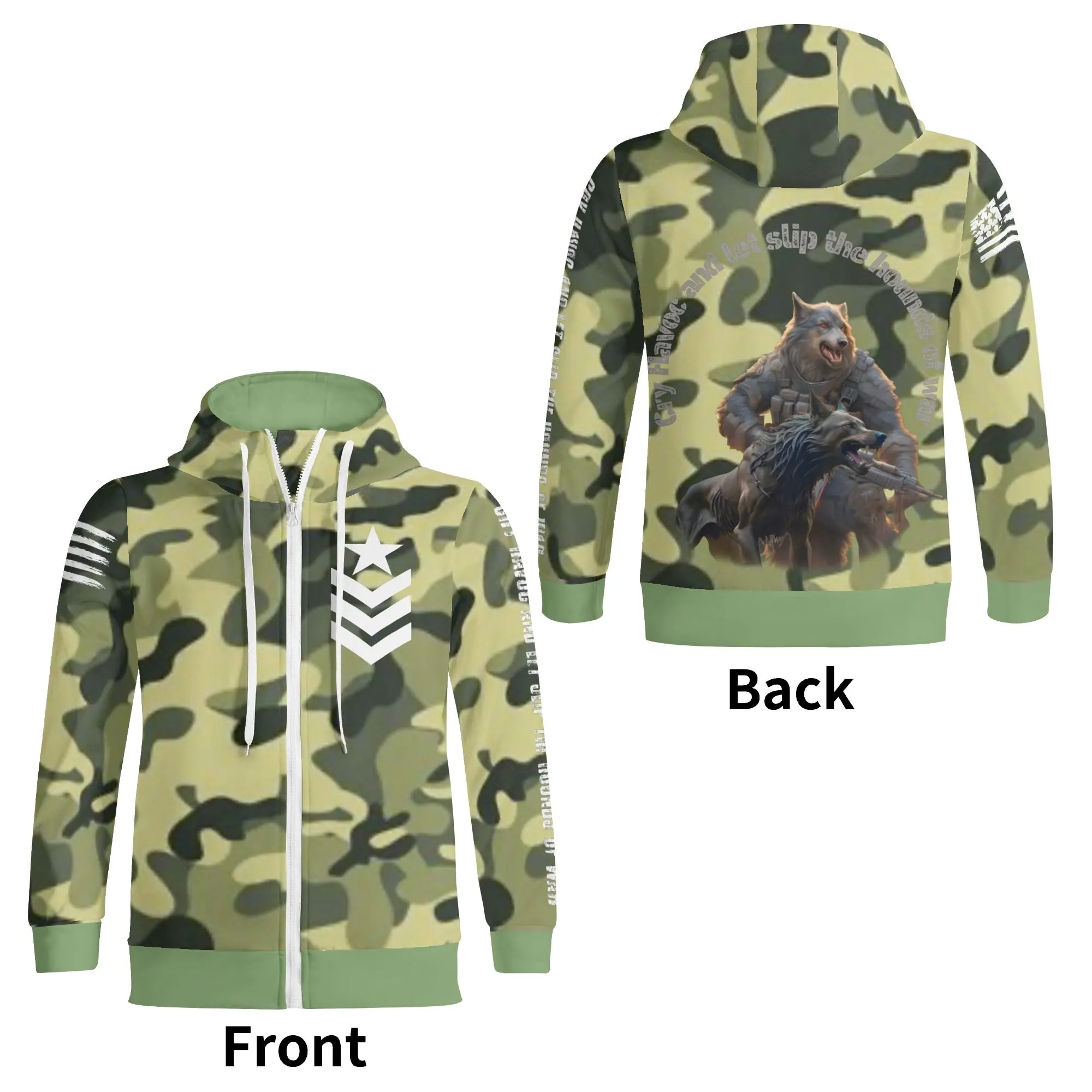 Camouflage Cry Havoc Graphic Full Zip Turtleneck Hoodie Streetwear