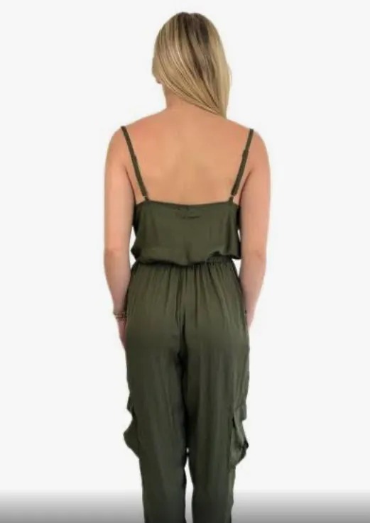 Cowl Neck Satin Cargo Jumpsuit