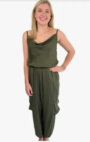 Cowl Neck Satin Cargo Jumpsuit
