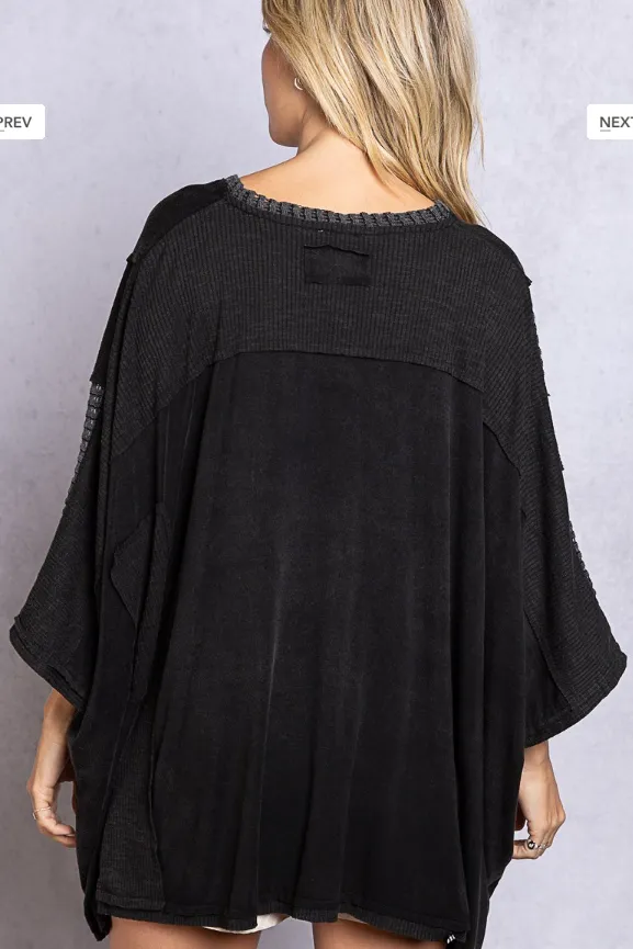 Cute Oversized Hi-Low V-Neck Top in Mineral Washed Black