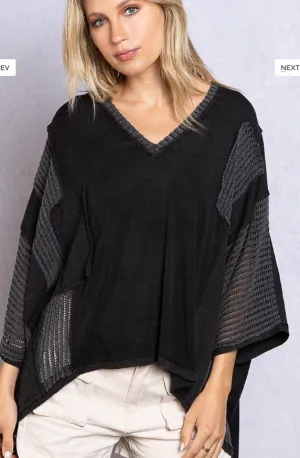 Cute Oversized Hi-Low V-Neck Top in Mineral Washed Black