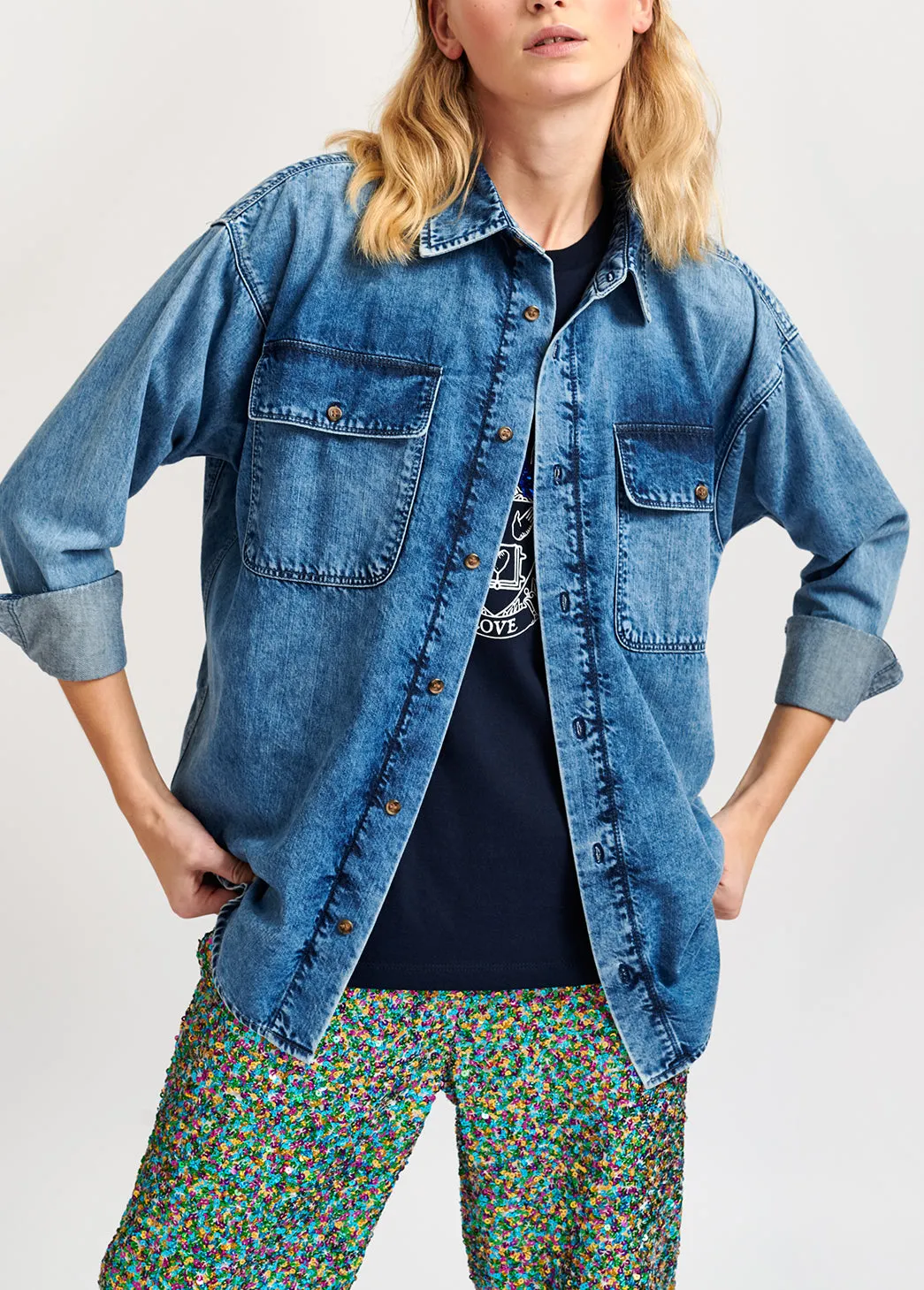 Denim blue oversized cotton shirt