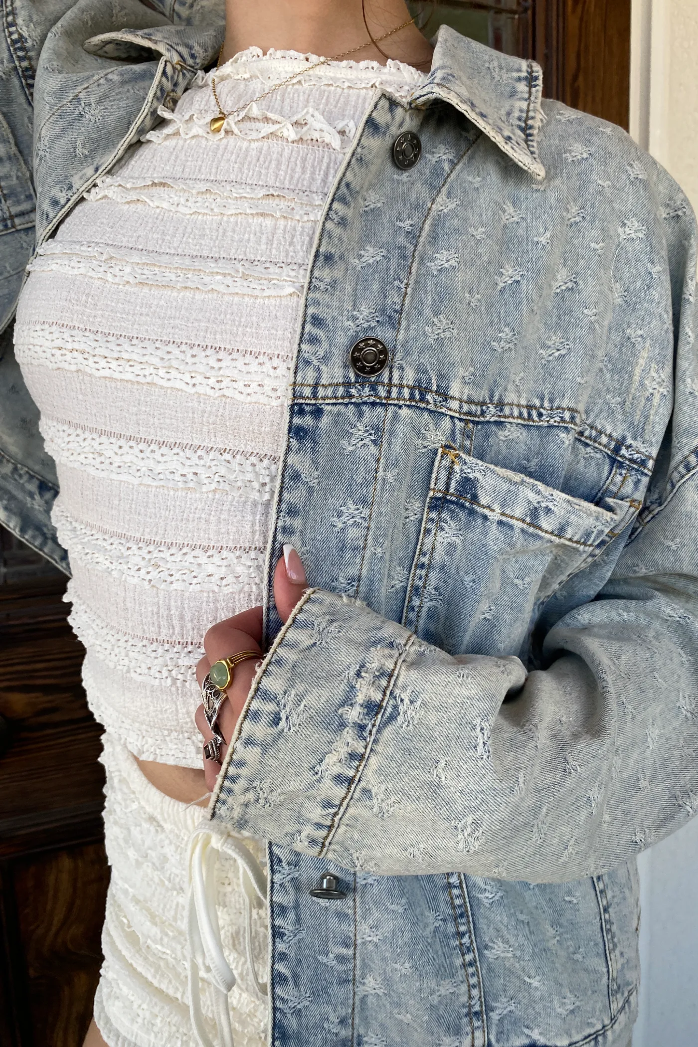 Distressed Denim Jacket by For Good