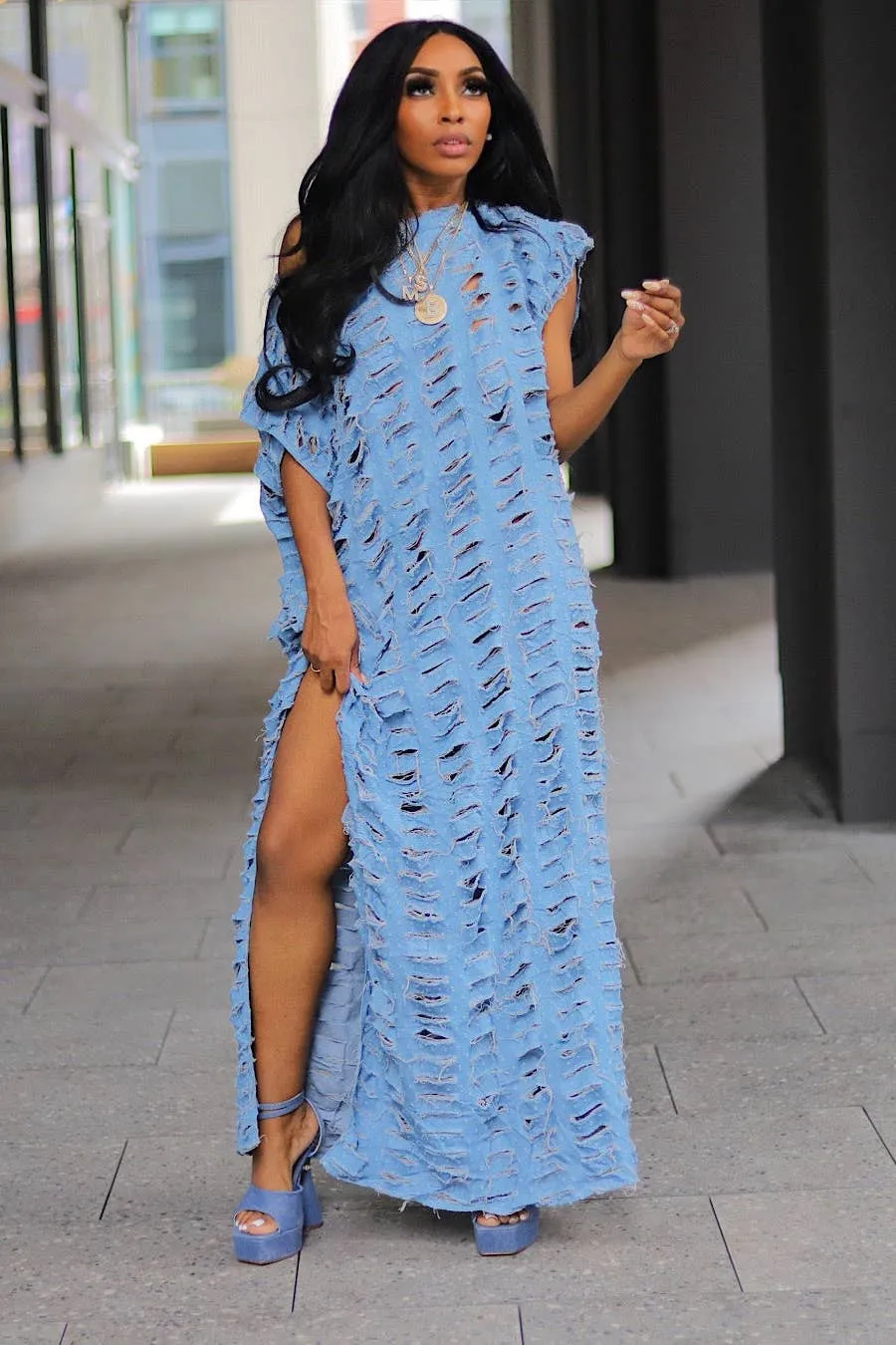 Distressed Denim Maxi Dress
