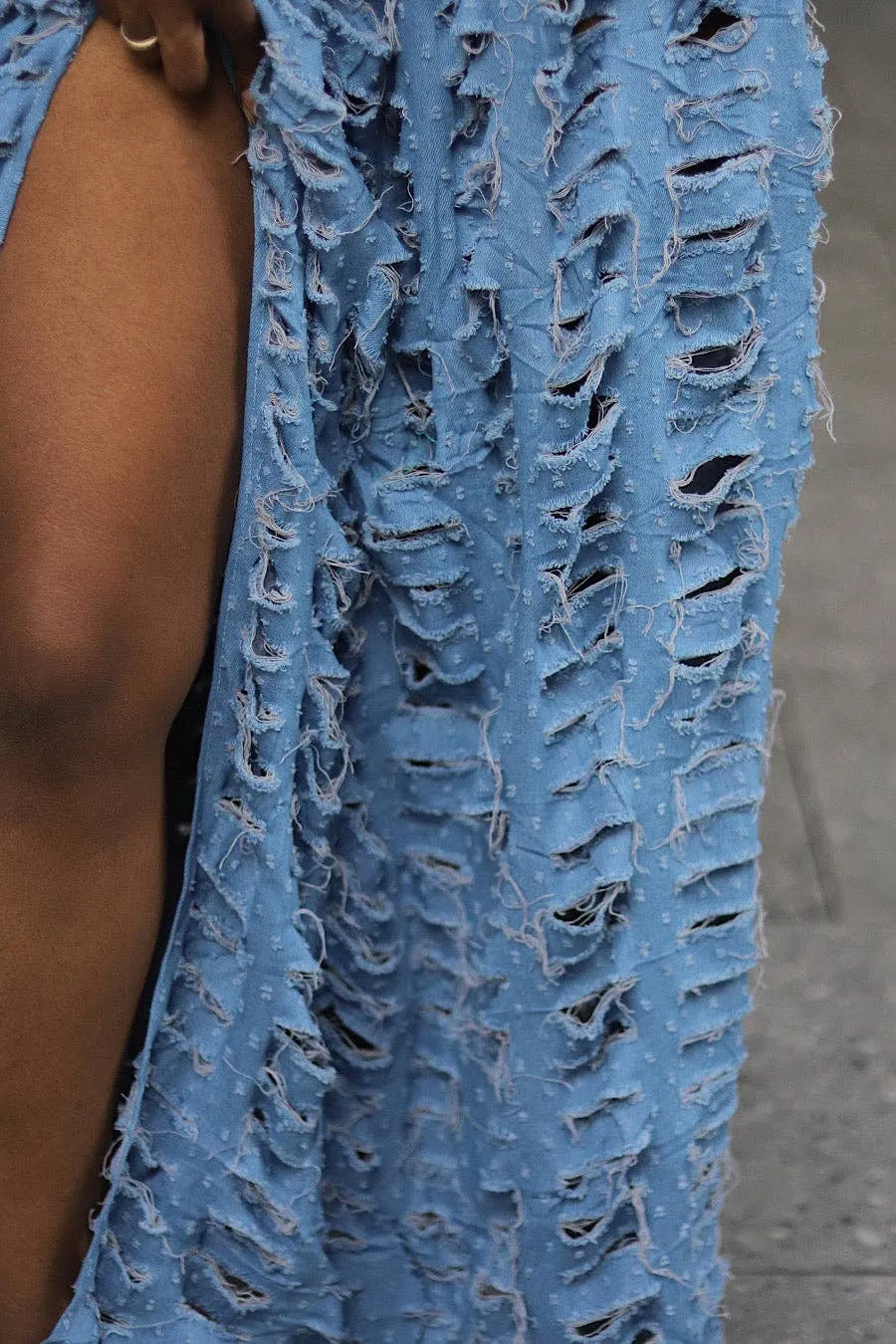 Distressed Denim Maxi Dress