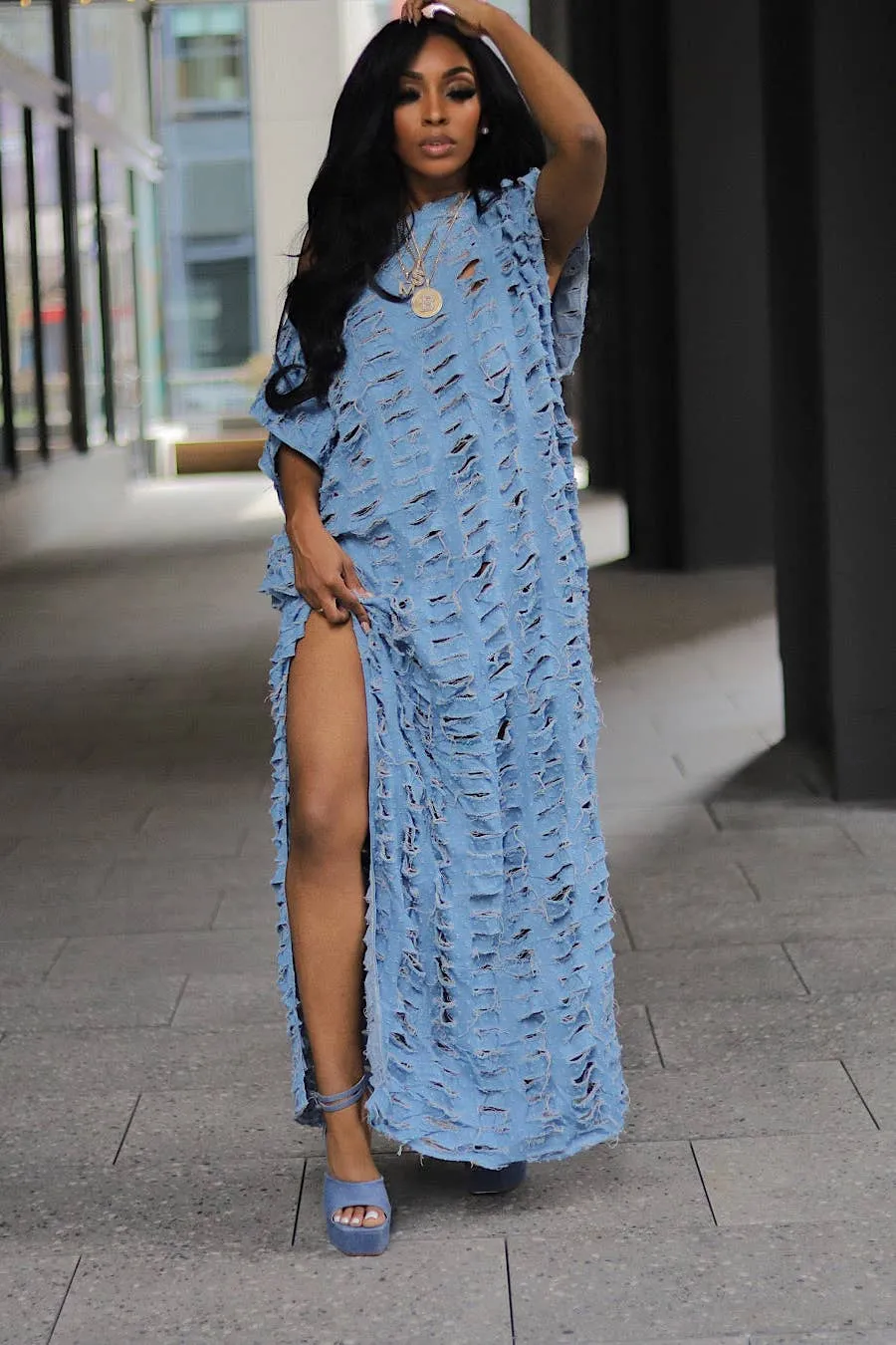 Distressed Denim Maxi Dress