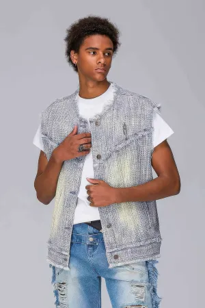 Distressed Denim Vest - Washed Rivet & Frayed Hem Design