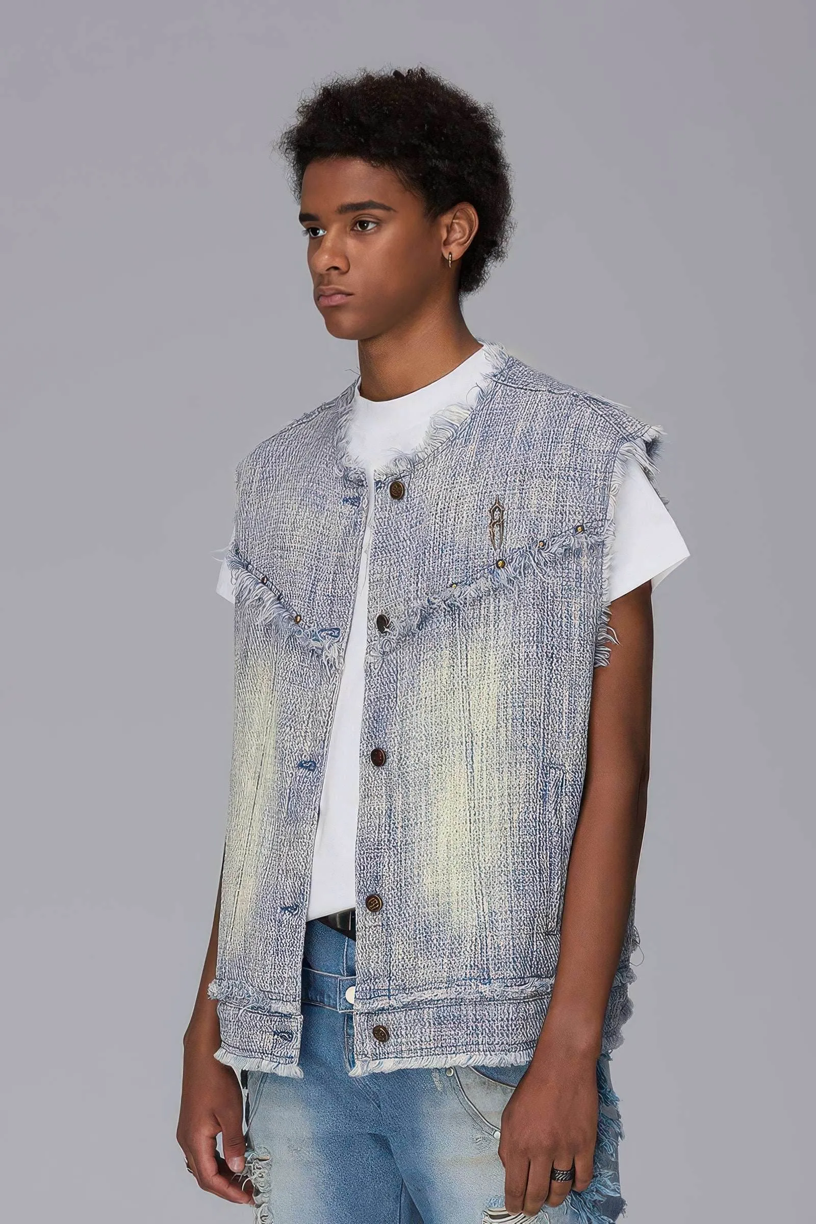 Distressed Denim Vest - Washed Rivet & Frayed Hem Design