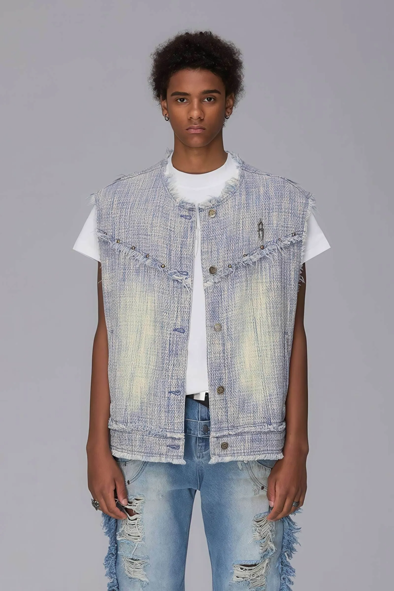 Distressed Denim Vest - Washed Rivet & Frayed Hem Design