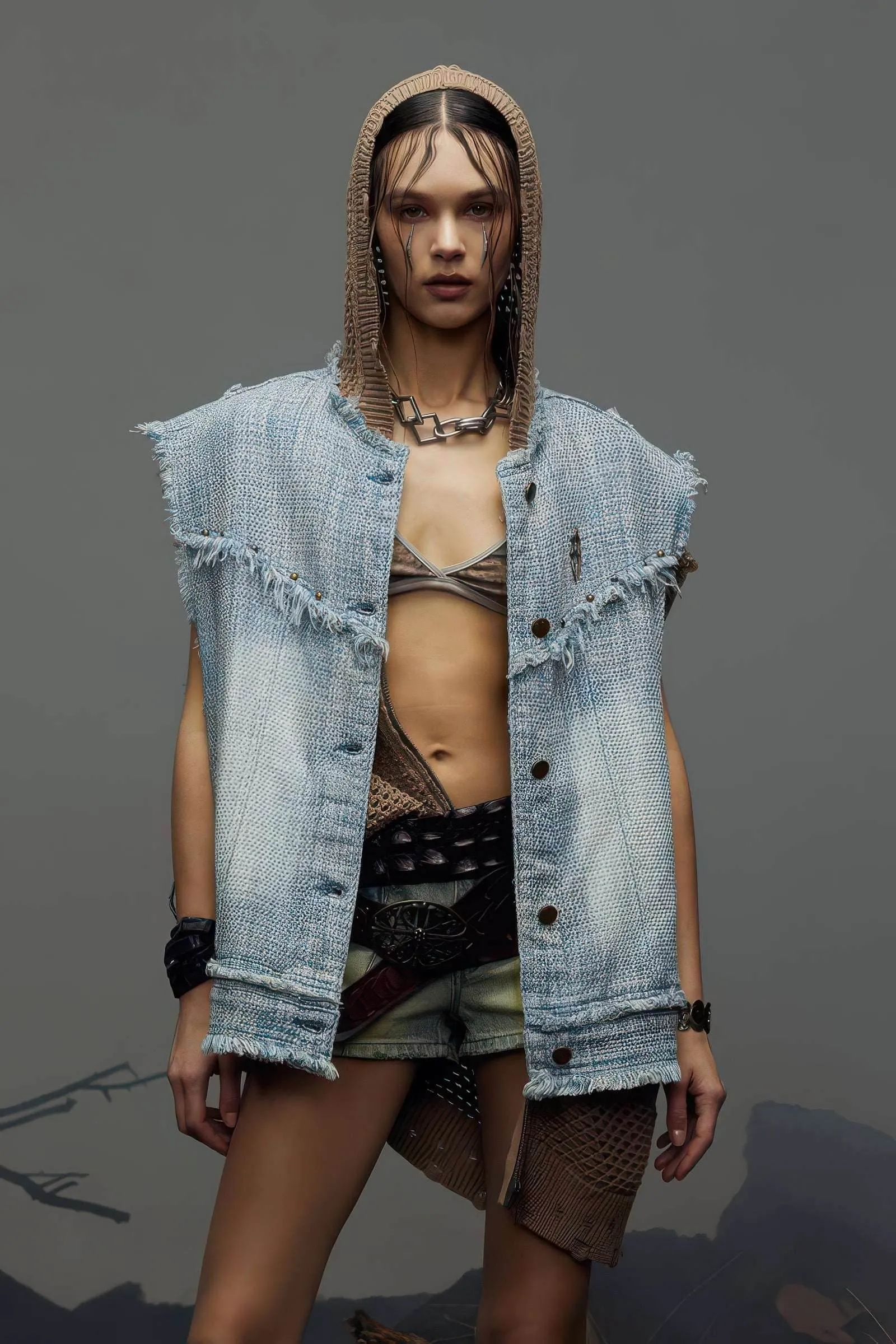 Distressed Denim Vest - Washed Rivet & Frayed Hem Design