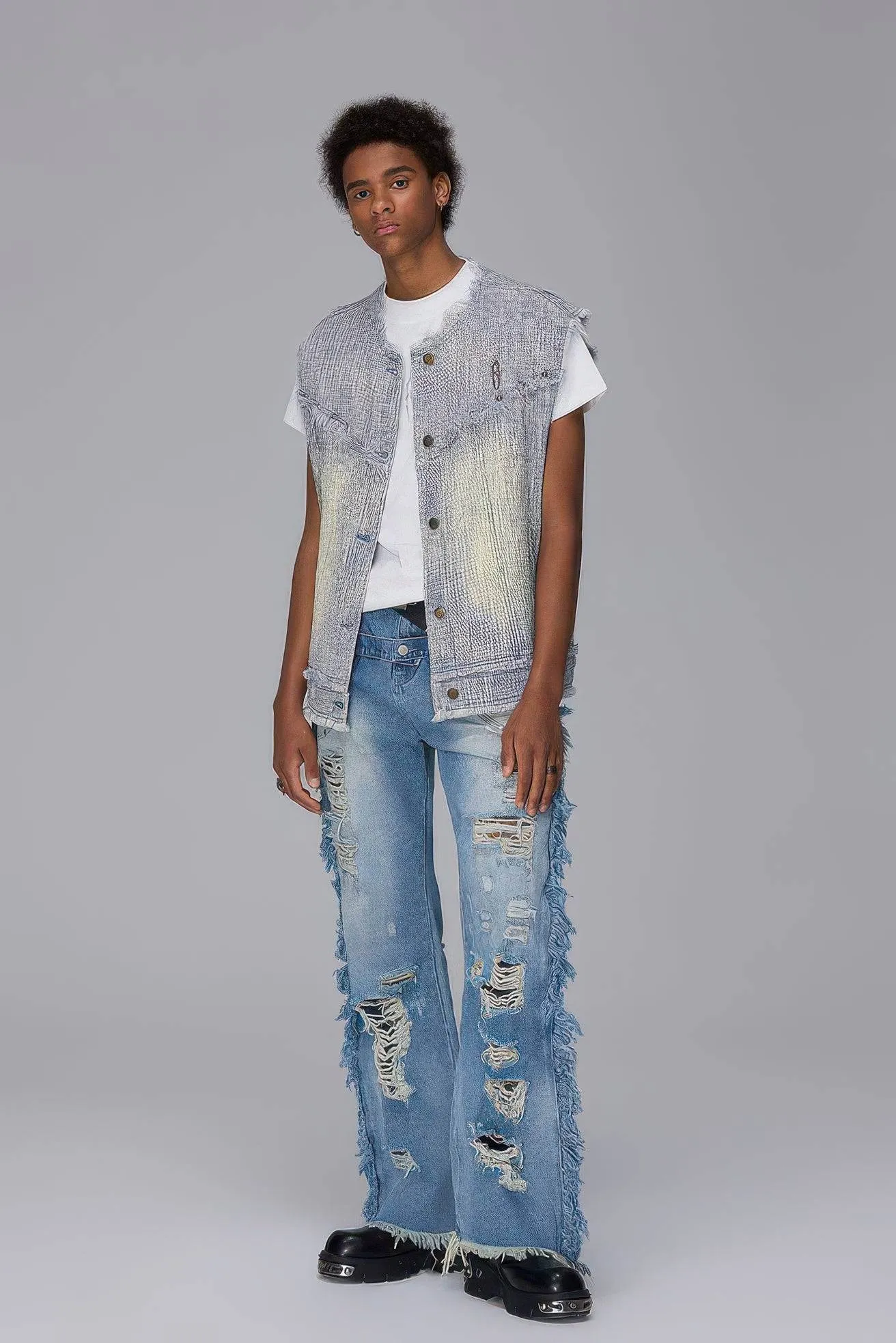 Distressed Denim Vest - Washed Rivet & Frayed Hem Design