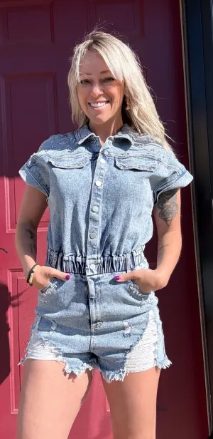 Distressed Embellished Stone Denim Romper