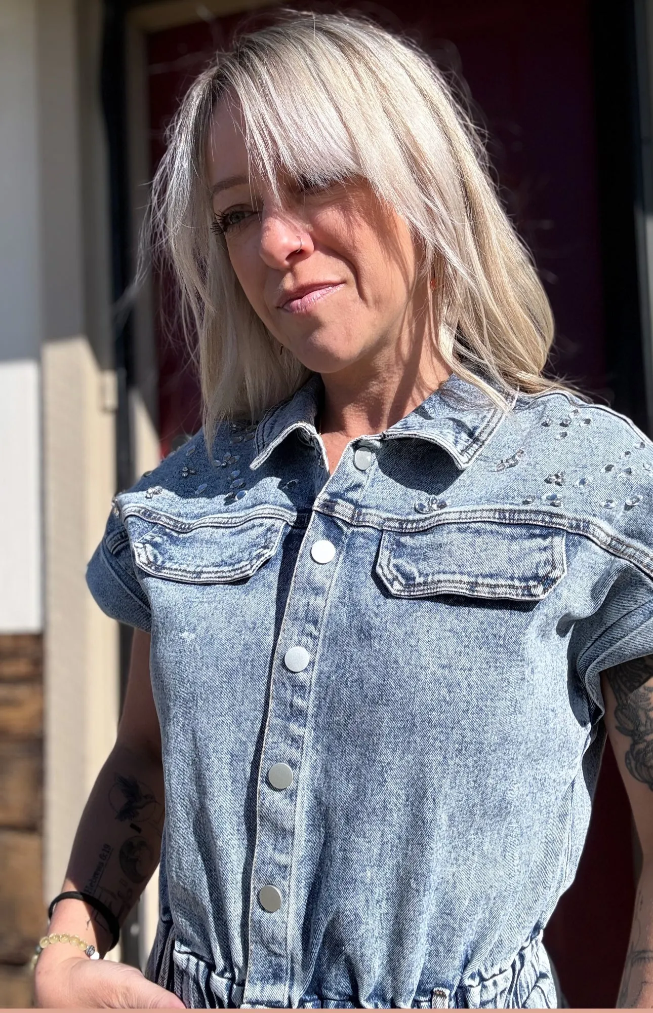 Distressed Embellished Stone Denim Romper
