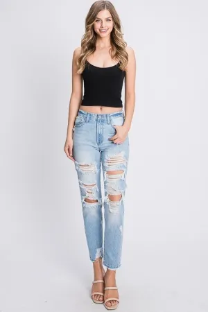 Distressed High-Waisted Rigid Mom Jeans – Retro-Inspired with a Comfortable Fit