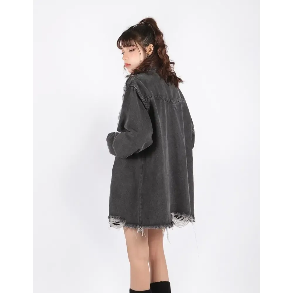 Distressed Long Denim Jacket for a Versatile Grungy Look