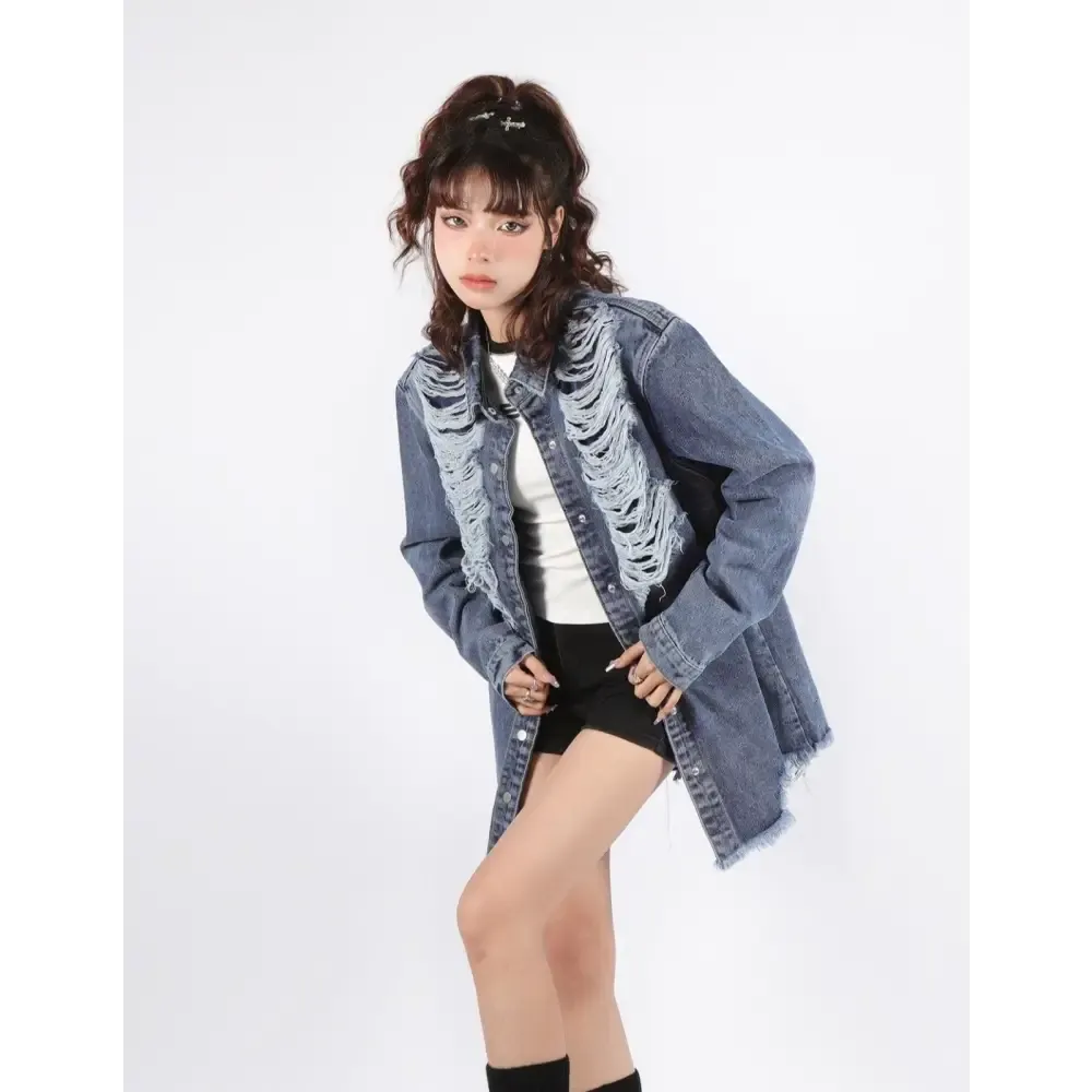 Distressed Long Denim Jacket for a Versatile Grungy Look