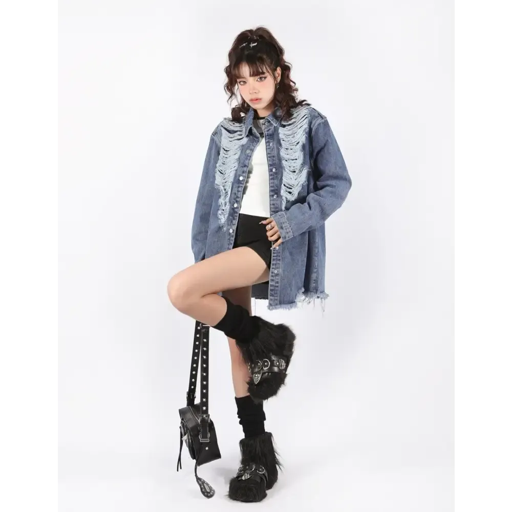Distressed Long Denim Jacket for a Versatile Grungy Look