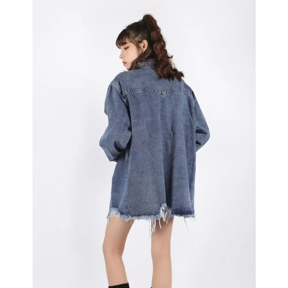 Distressed Long Denim Jacket for a Versatile Grungy Look