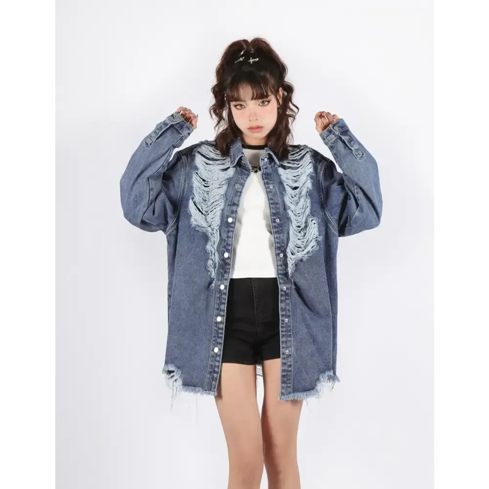 Distressed Long Denim Jacket for a Versatile Grungy Look