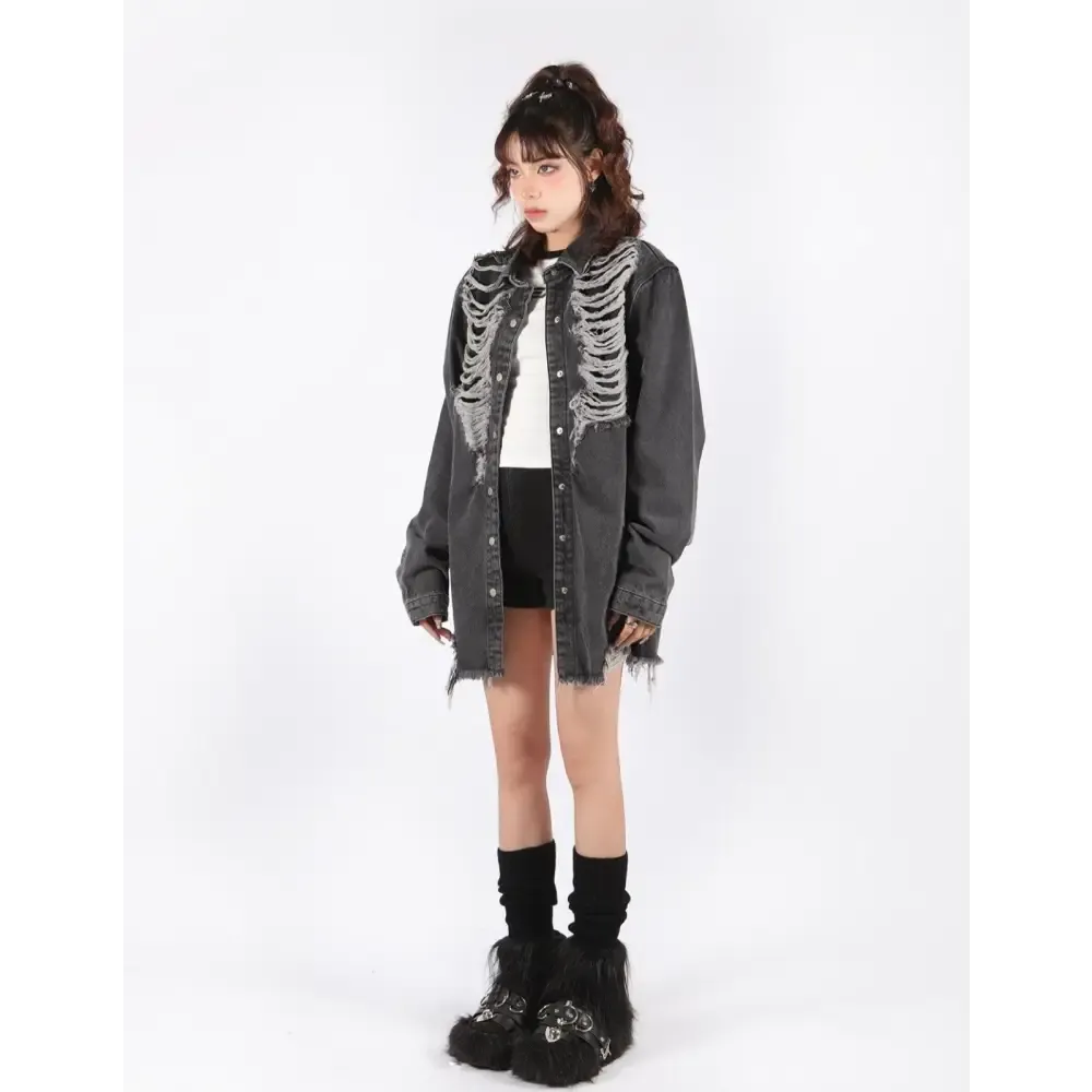 Distressed Long Denim Jacket for a Versatile Grungy Look