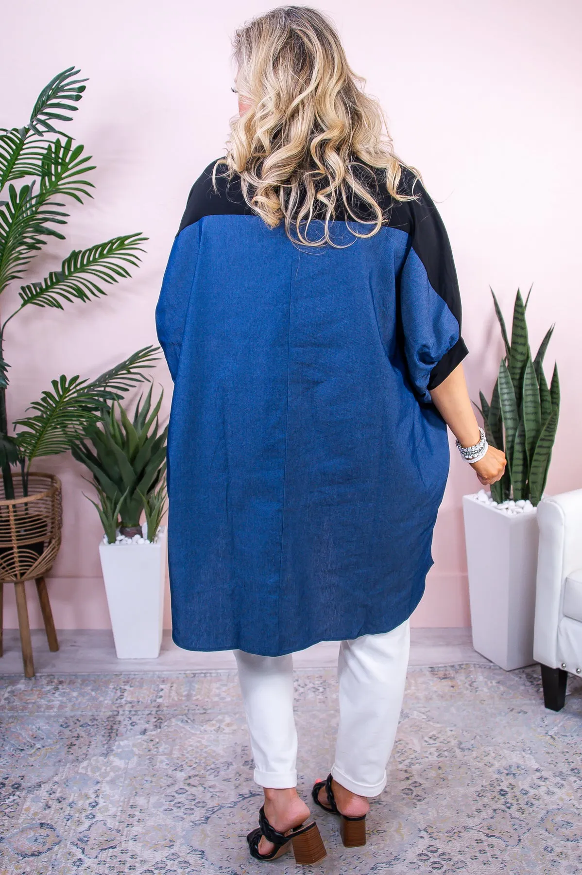 Divine Effect Black/Dark Denim Blue Embroidered High-Low Top - T9588BK