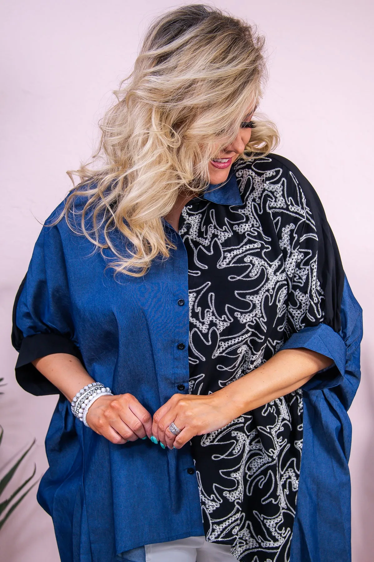 Divine Effect Black/Dark Denim Blue Embroidered High-Low Top - T9588BK