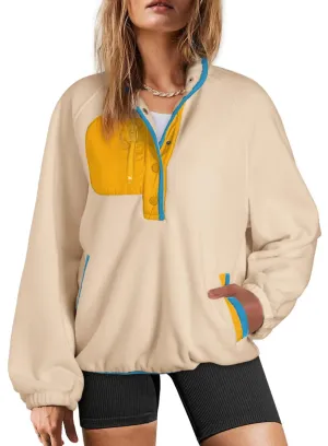 Dokotoo Womens Oversized Sweatshirts Fuzzy Fleece Button Color Block Long Sleeve Sweatshirt Cute Relaxed Fit Hoodie Tops Pullover Outerwear Fall Winter Trendy 2024 Clothes with Pockets Beige Small