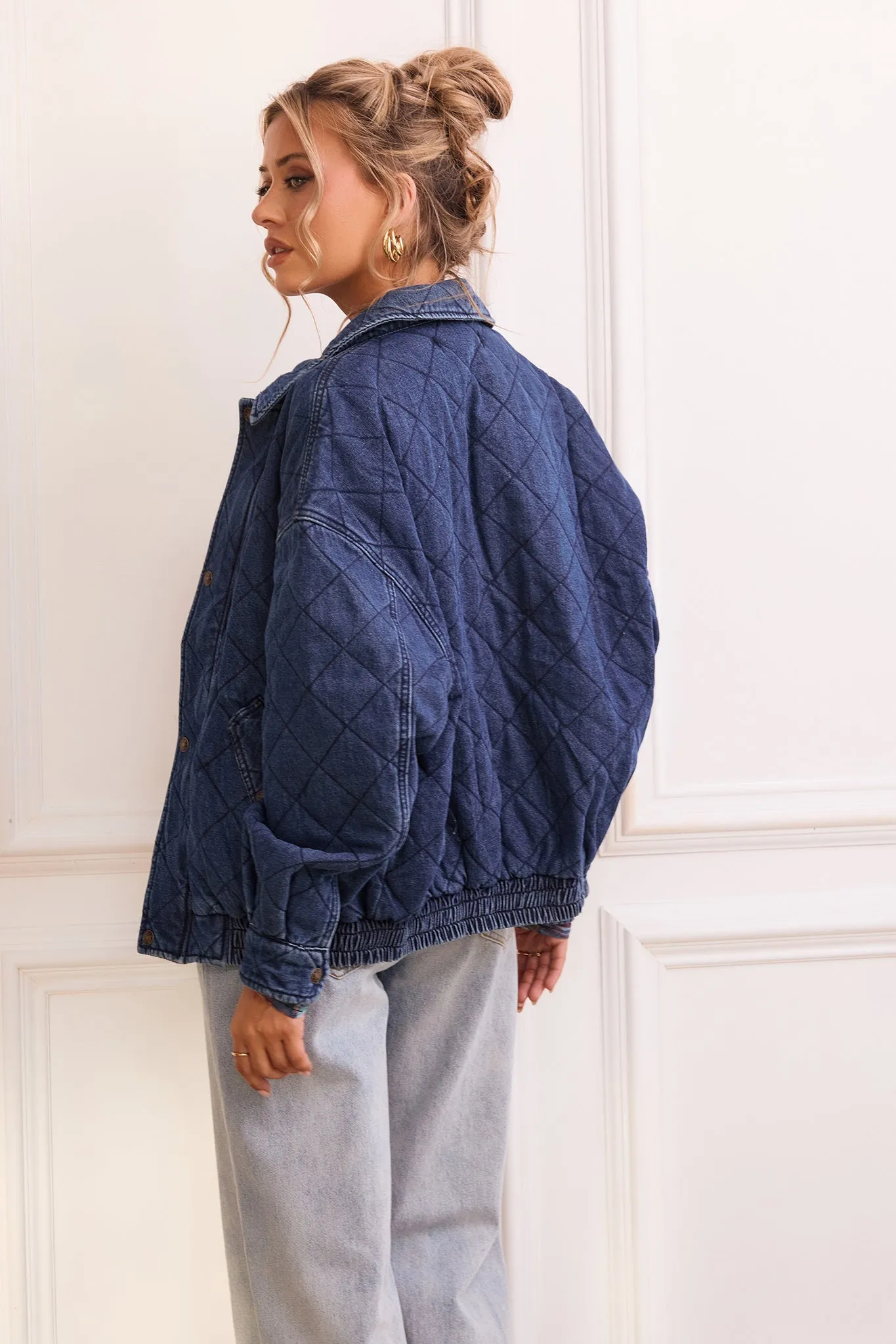 Dream Big Quilted Denim Jacket - Dark Blue