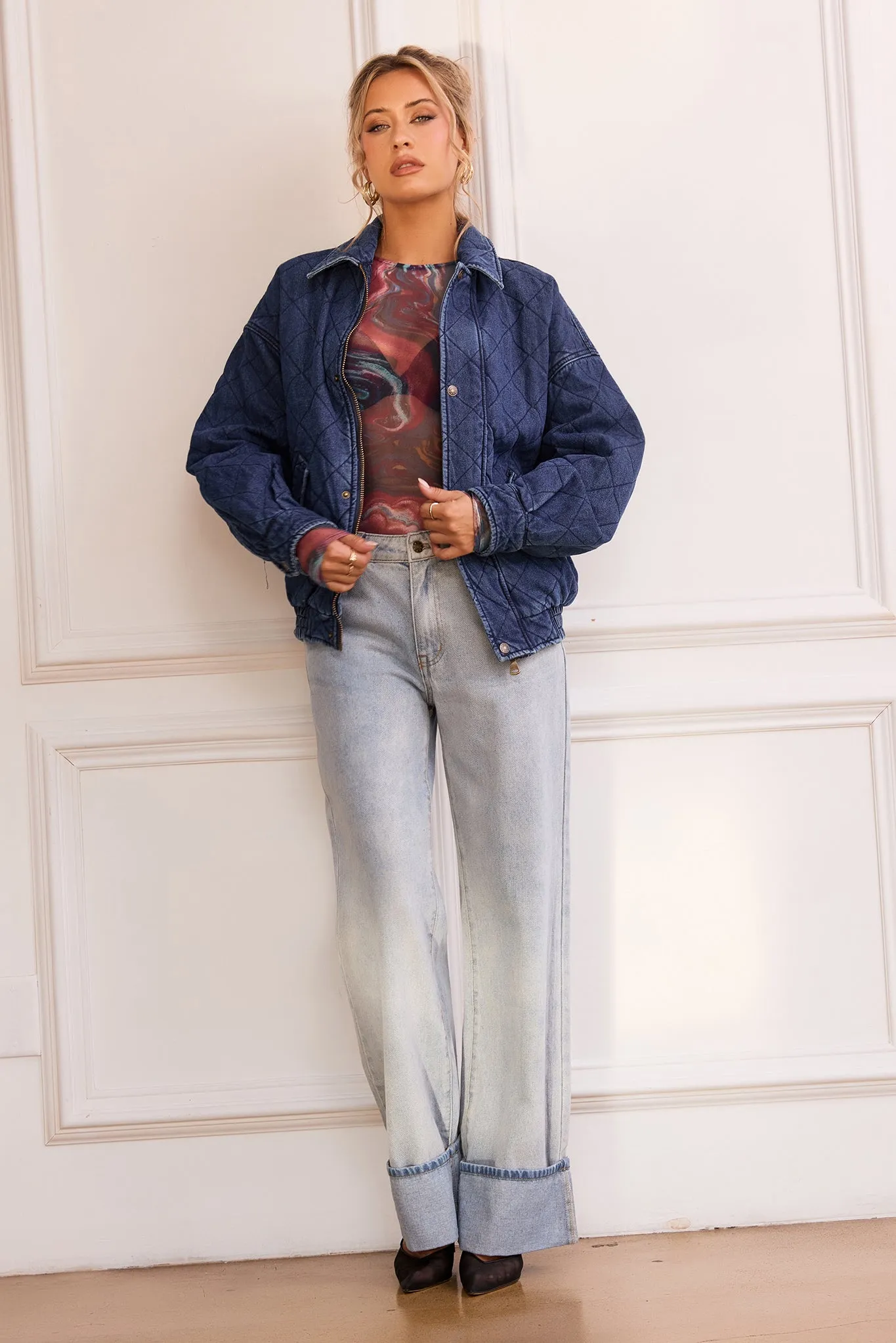 Dream Big Quilted Denim Jacket - Dark Blue