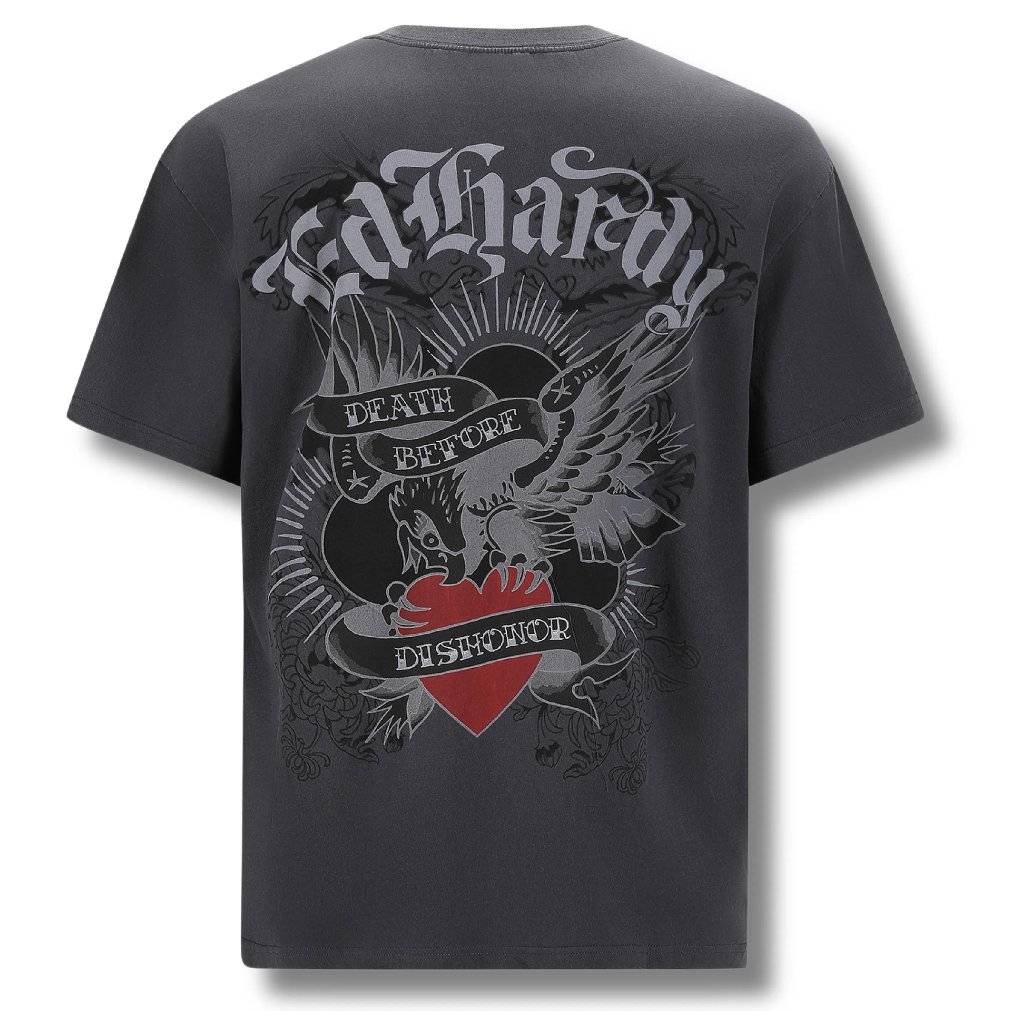 ED HARDY DEATH BEFORE DISHONOR EAGLE RELAXED T-SHIRT -  CHARCOAL