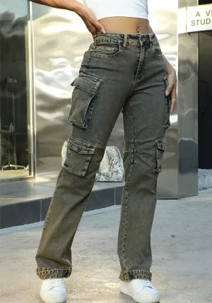 Edgy Patchwork Wide-Leg Cargo Denim Pants with Utility Pockets
