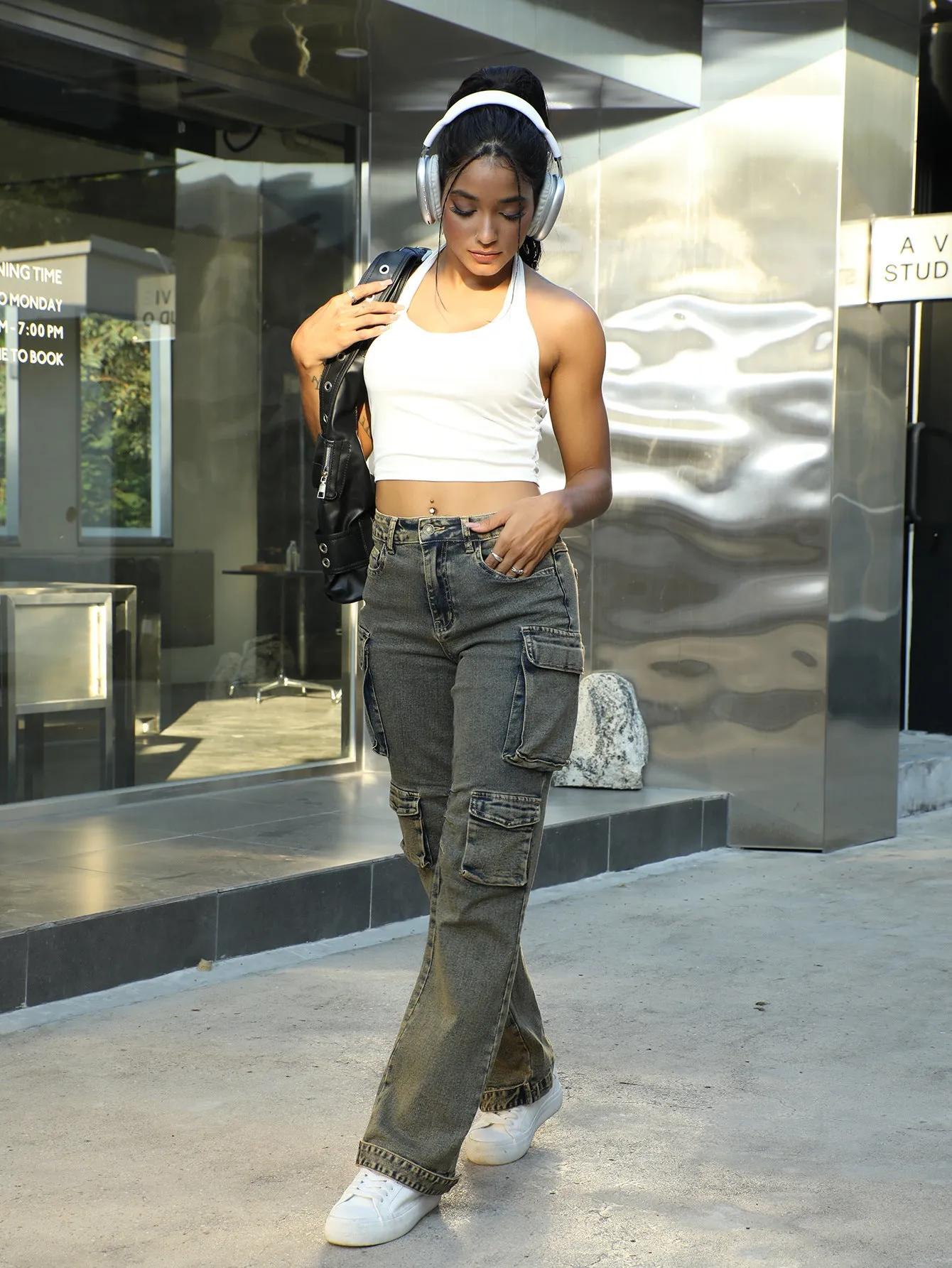 Edgy Patchwork Wide-Leg Cargo Denim Pants with Utility Pockets