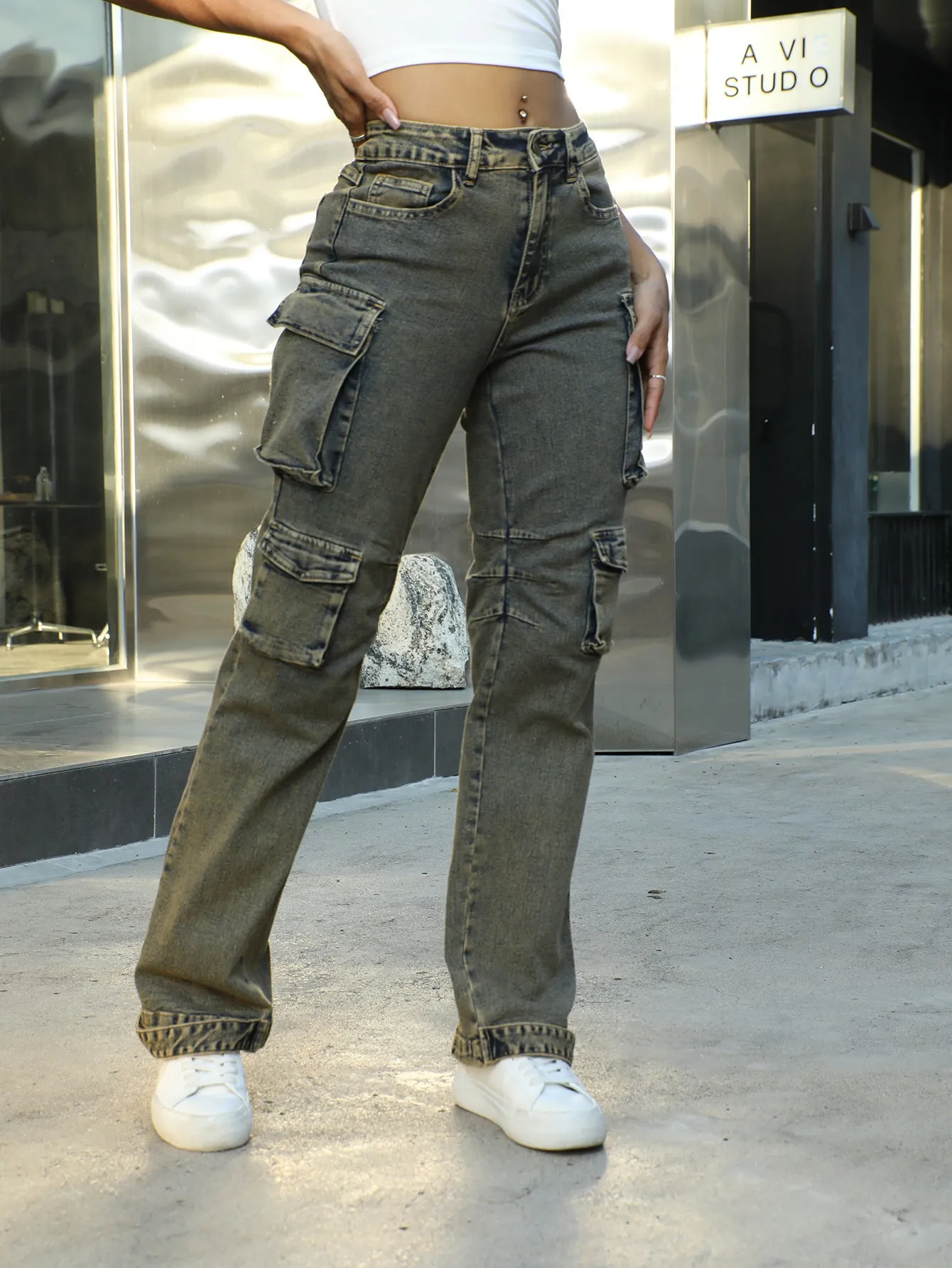 Edgy Patchwork Wide-Leg Cargo Denim Pants with Utility Pockets