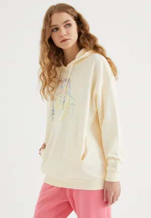 Ekru Kapüşonlu Baskılı Pamuklu Oversize Fit Kadın Sweatshirt COLOURFUL HOODIE w/POCKET