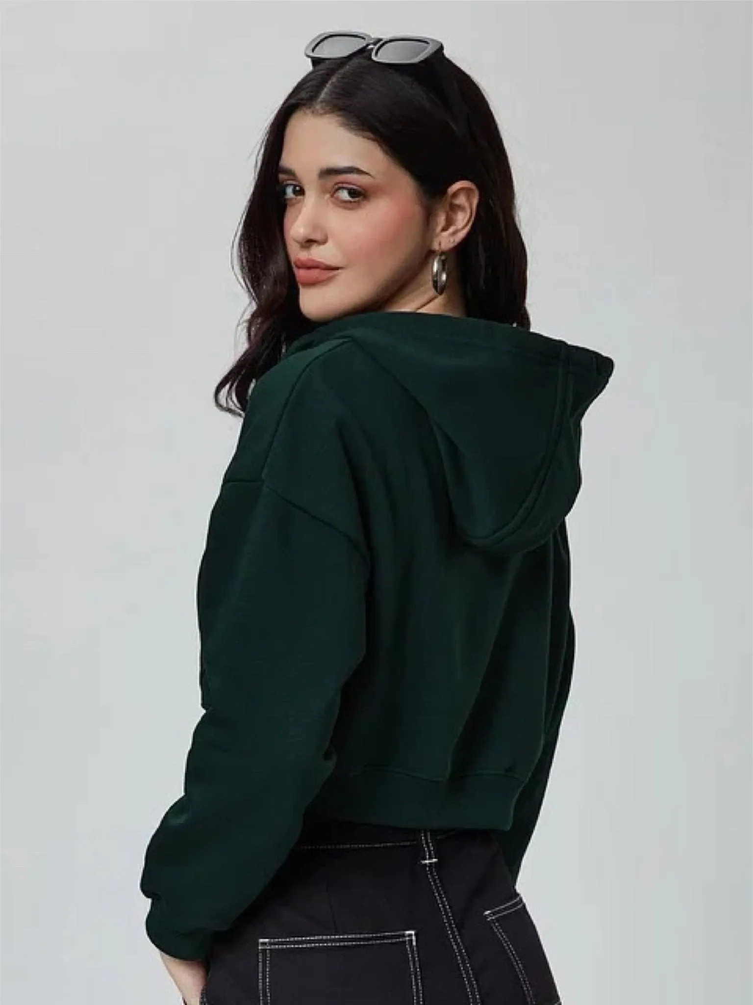 Emerald Green Women Cropped Oversized Hoodies