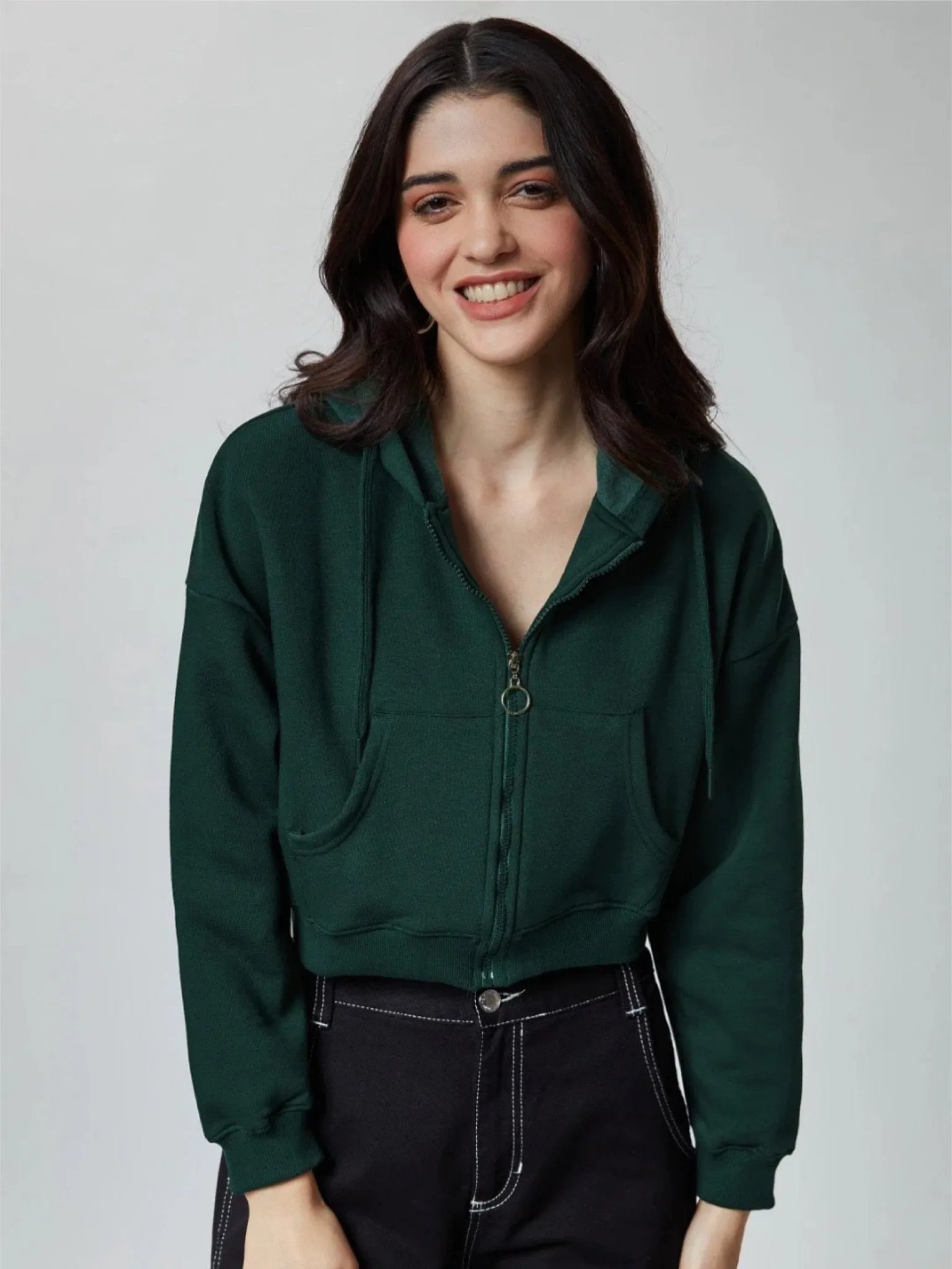 Emerald Green Women Cropped Oversized Hoodies