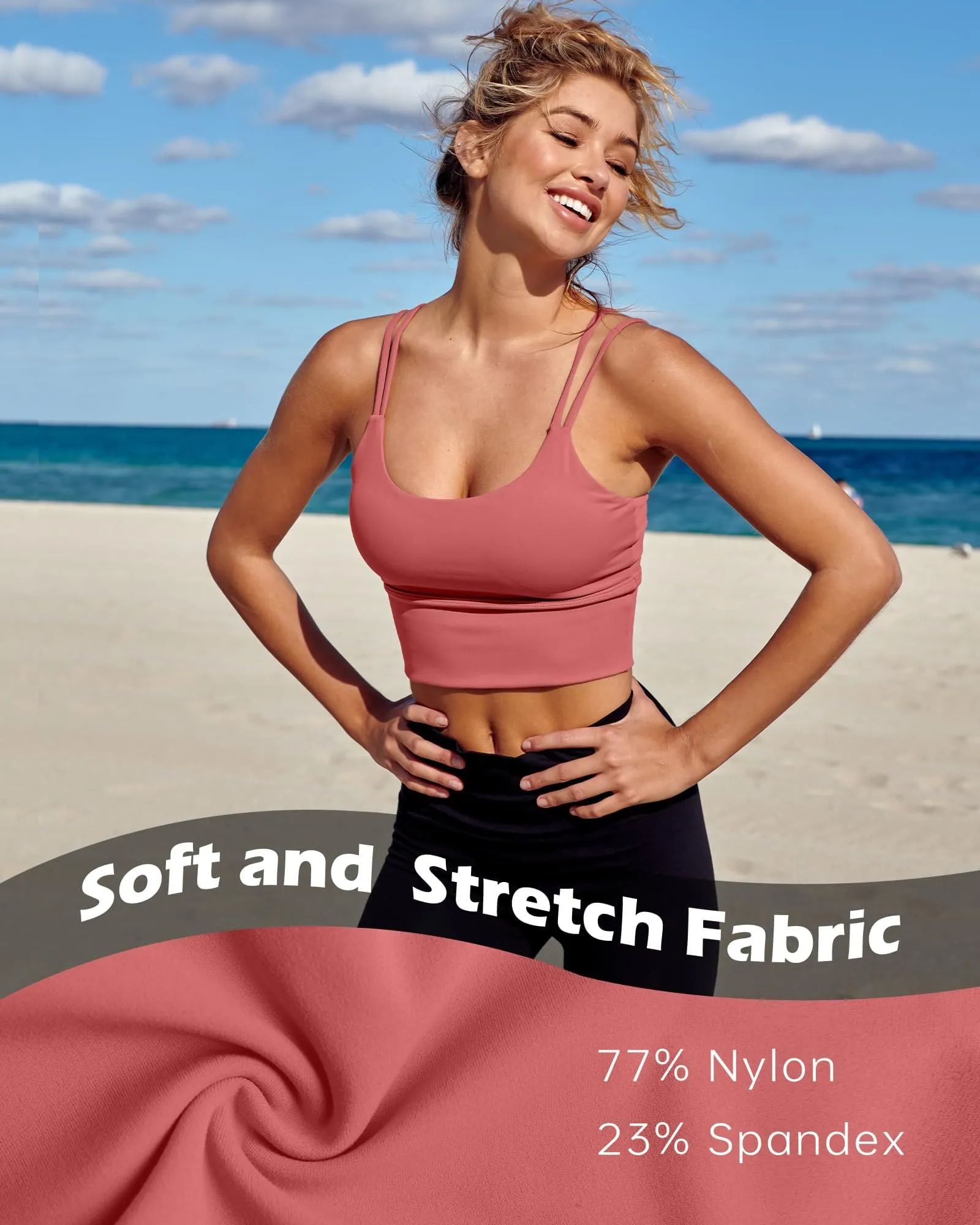 Everrysea Longline Sports Bra for Women Padded Workout Tank Tops Built in Bras Strappy Yoga Corp Top Camisole Pink