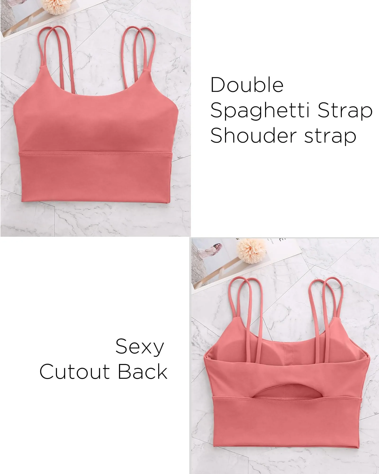 Everrysea Longline Sports Bra for Women Padded Workout Tank Tops Built in Bras Strappy Yoga Corp Top Camisole Pink
