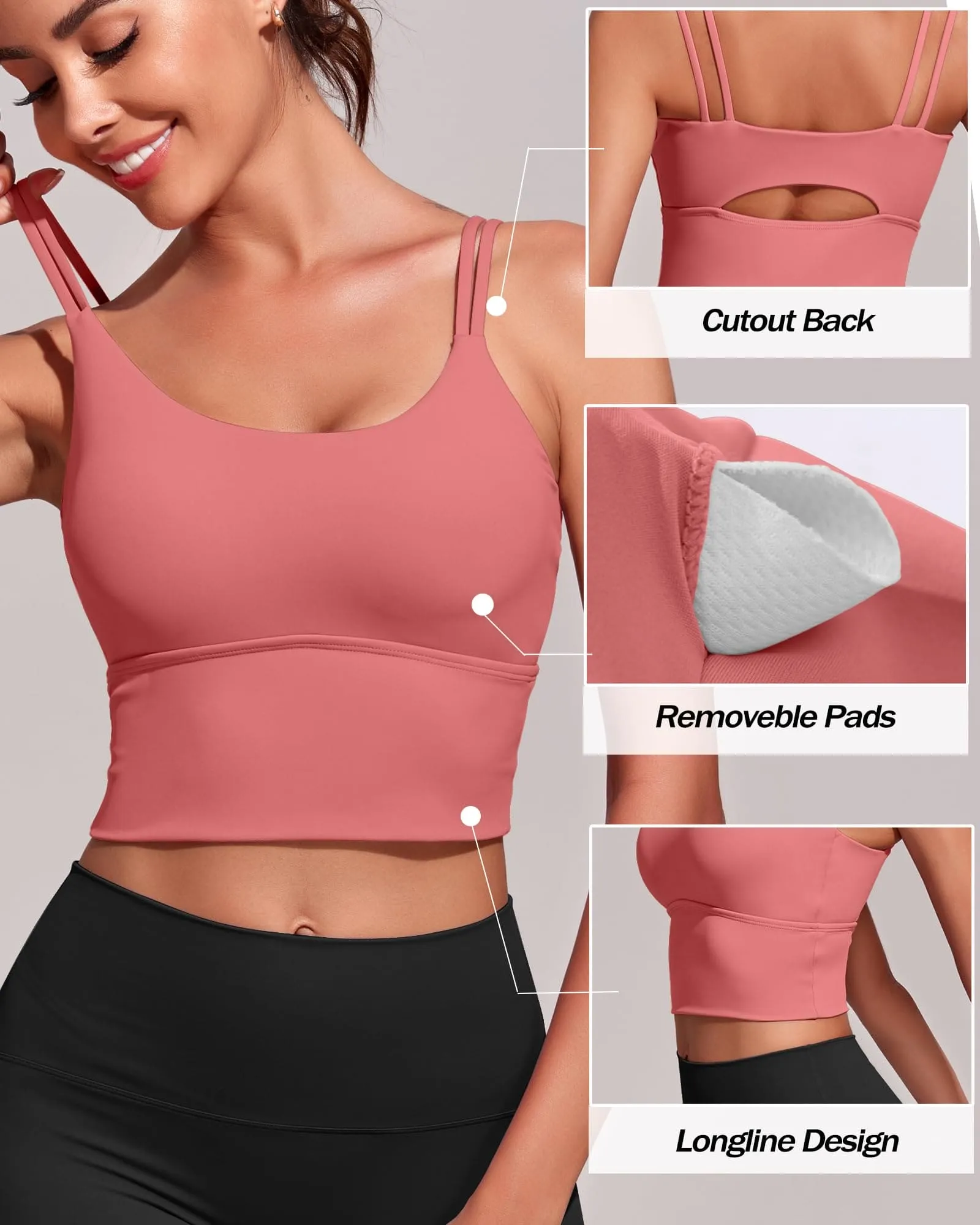 Everrysea Longline Sports Bra for Women Padded Workout Tank Tops Built in Bras Strappy Yoga Corp Top Camisole Pink