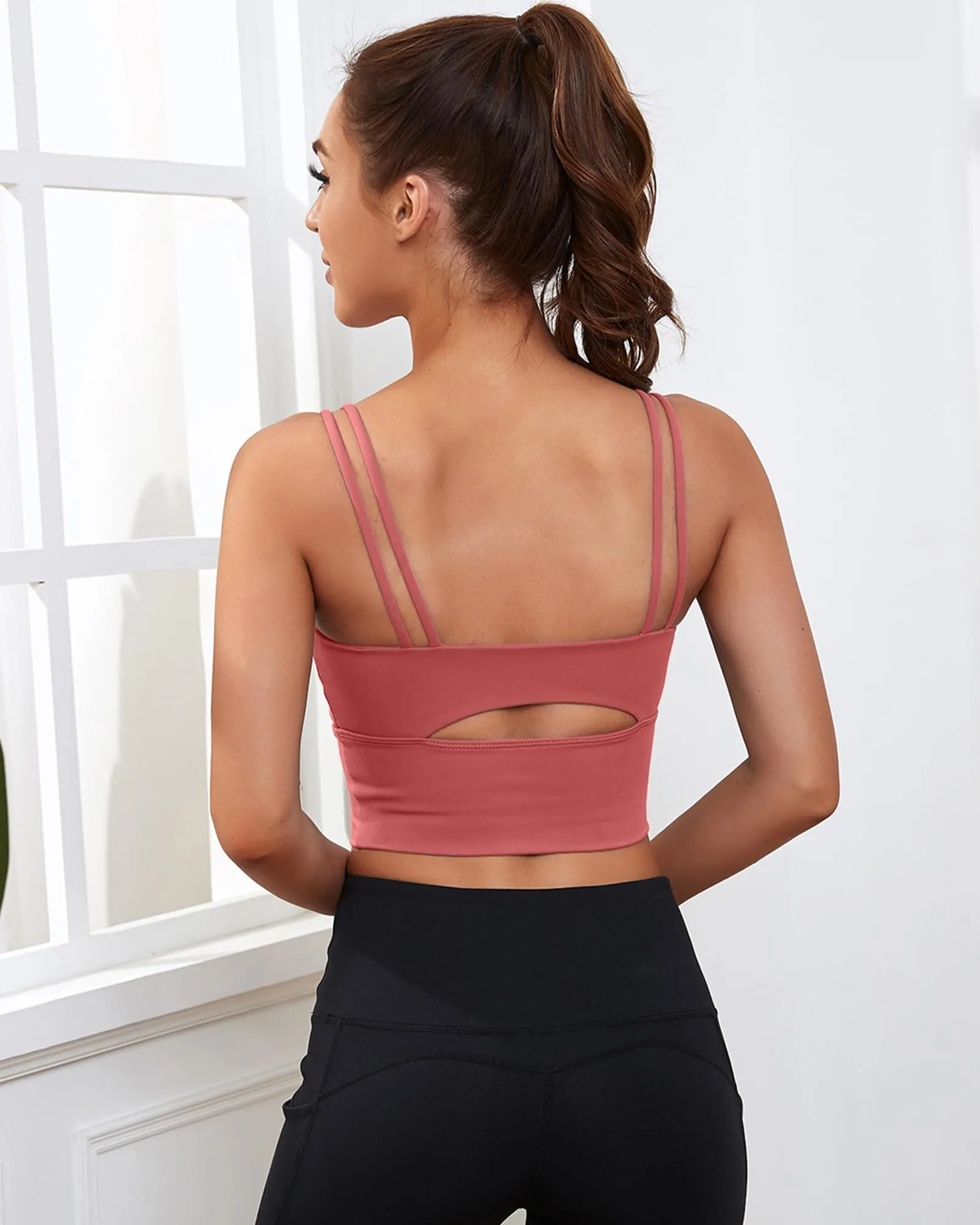 Everrysea Longline Sports Bra for Women Padded Workout Tank Tops Built in Bras Strappy Yoga Corp Top Camisole Pink
