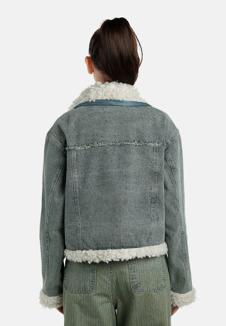 Faux Fur Trim Denim Jacket By RUW