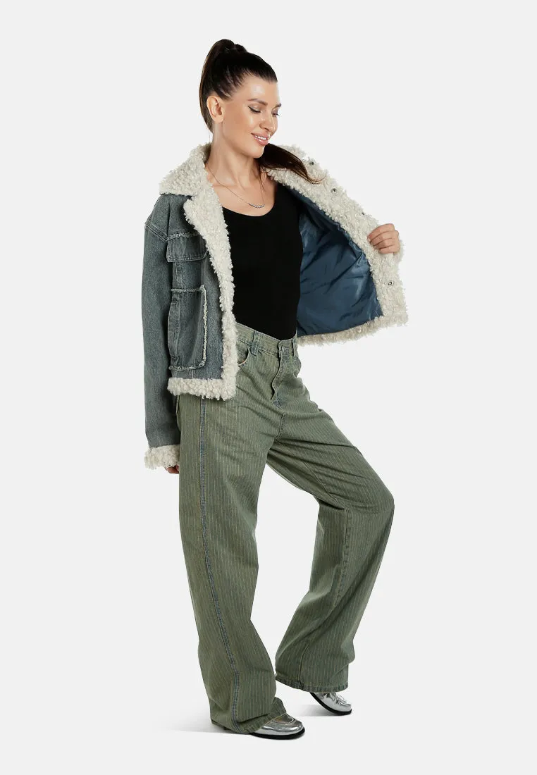 Faux Fur Trim Denim Jacket By RUW