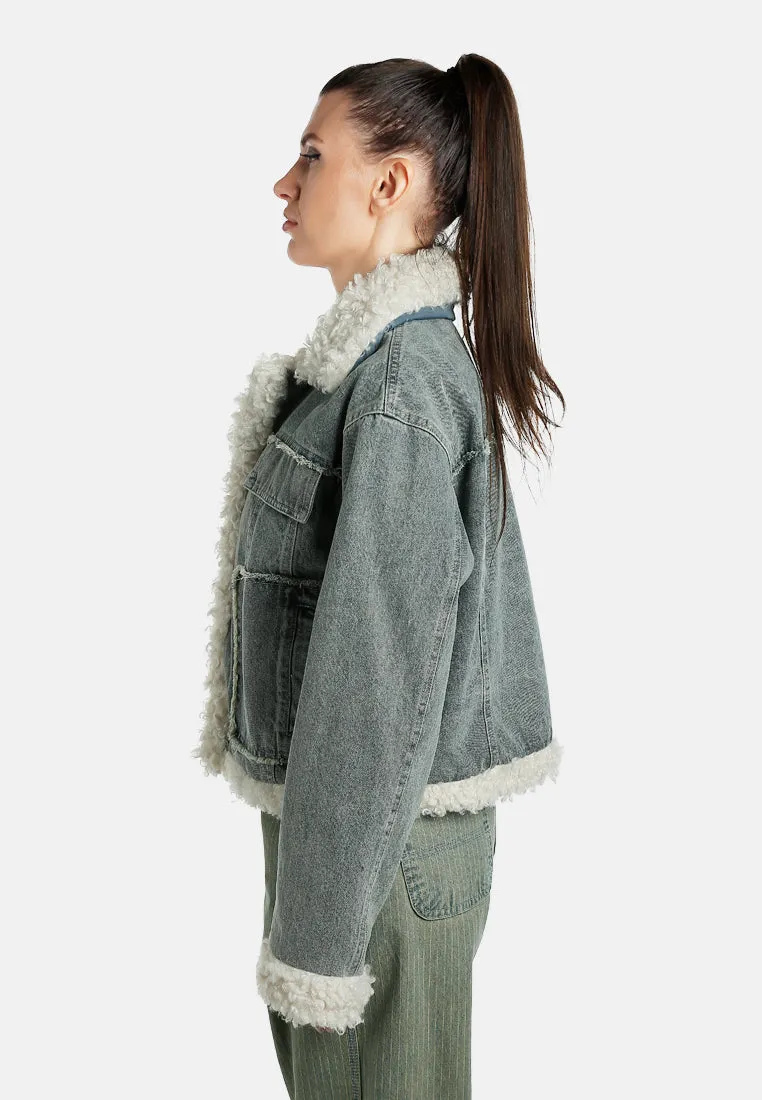 Faux Fur Trim Denim Jacket By RUW