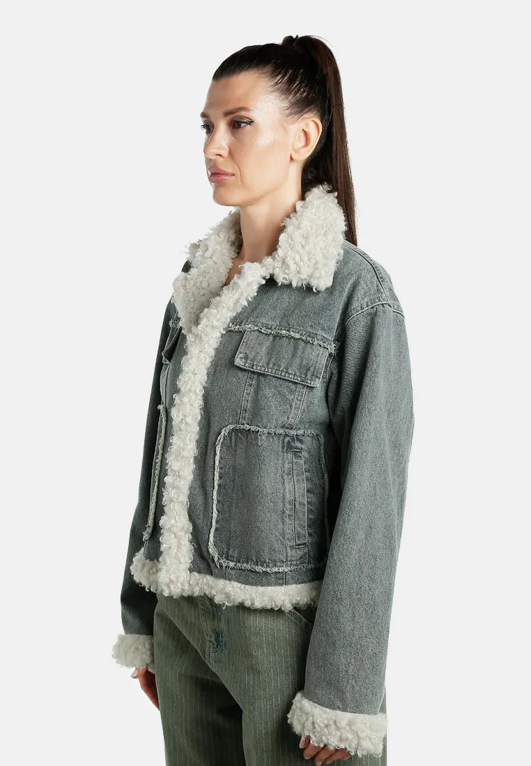 Faux Fur Trim Denim Jacket By RUW