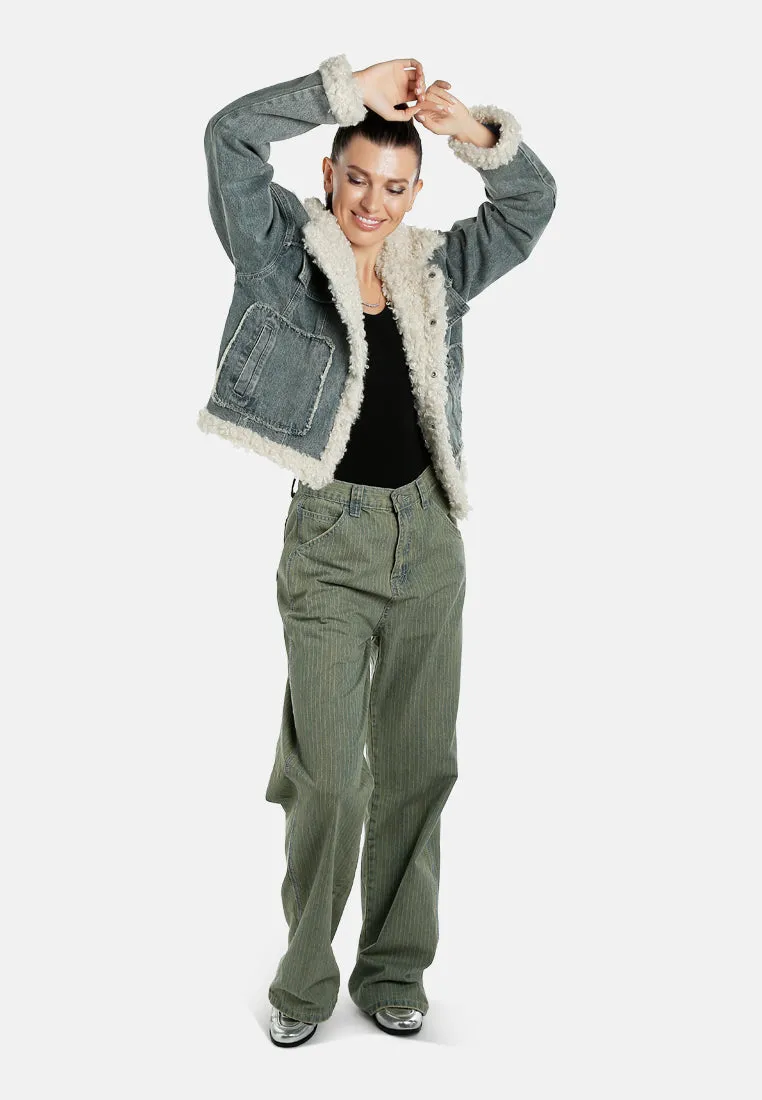 Faux Fur Trim Denim Jacket By RUW