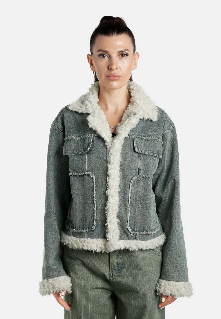 Faux Fur Trim Denim Jacket By RUW