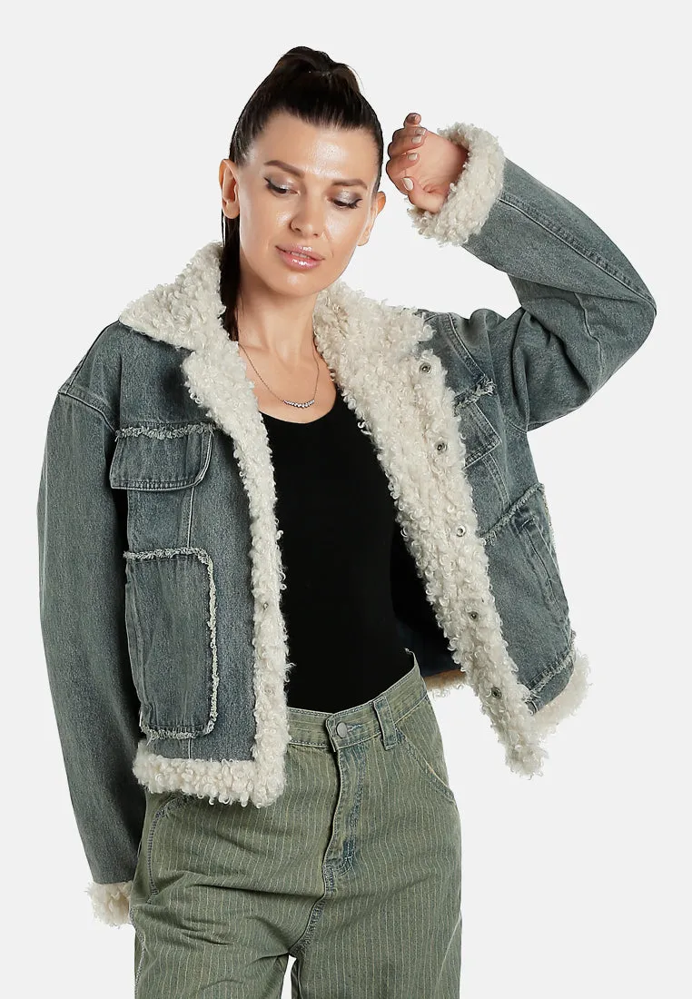 Faux Fur Trim Denim Jacket By RUW